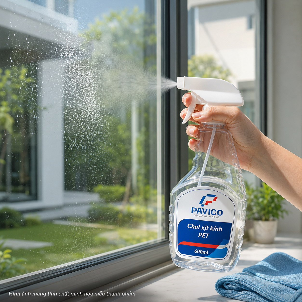 Chai nhựa xịt kính dùng vệ sinh cửa kính Chai nhựa xịt kính PET 600ml đang được sử dụng để xịt vệ sinh cửa kính