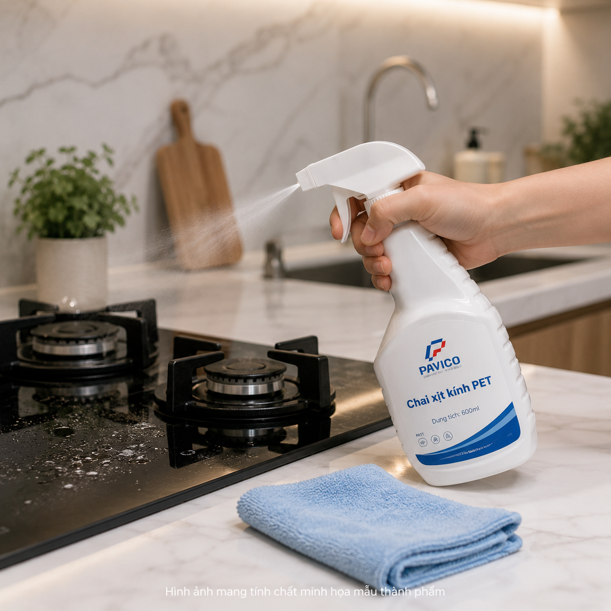 Chai nhựa xịt kính dùng trong bếp Chai nhựa xịt kính 500ml đặt trong không gian bếp hiện đại