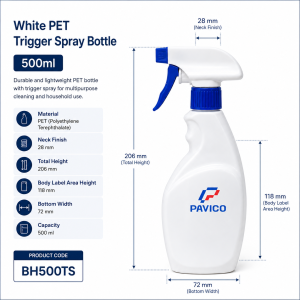 Thông số kích thước chai xịt kính 500ml gồm chiều cao 206mm, cổ 28mm và đáy 72mm