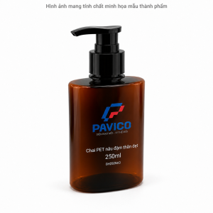 Chai dầu gội thân dẹp PET 250ml màu nâu đậm với vòi nhấn đen