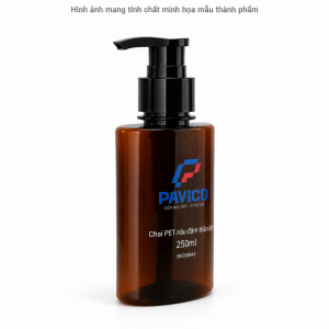 Chai dầu gội thân dẹp Pavico chụp góc nghiêng, chất liệu PET nâu đậm