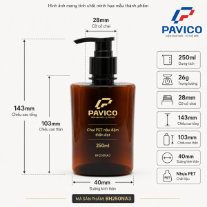Thông số kích thước chai dầu gội thân dẹp PET 250ml cổ 28mm