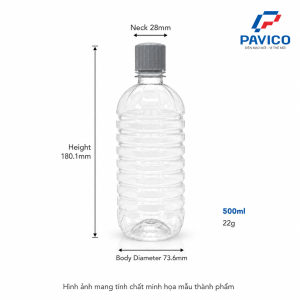 Kích thước chai nhựa 500ml CM500 cao 180,1mm, đường kính thân 73,6mm và cổ 28mm