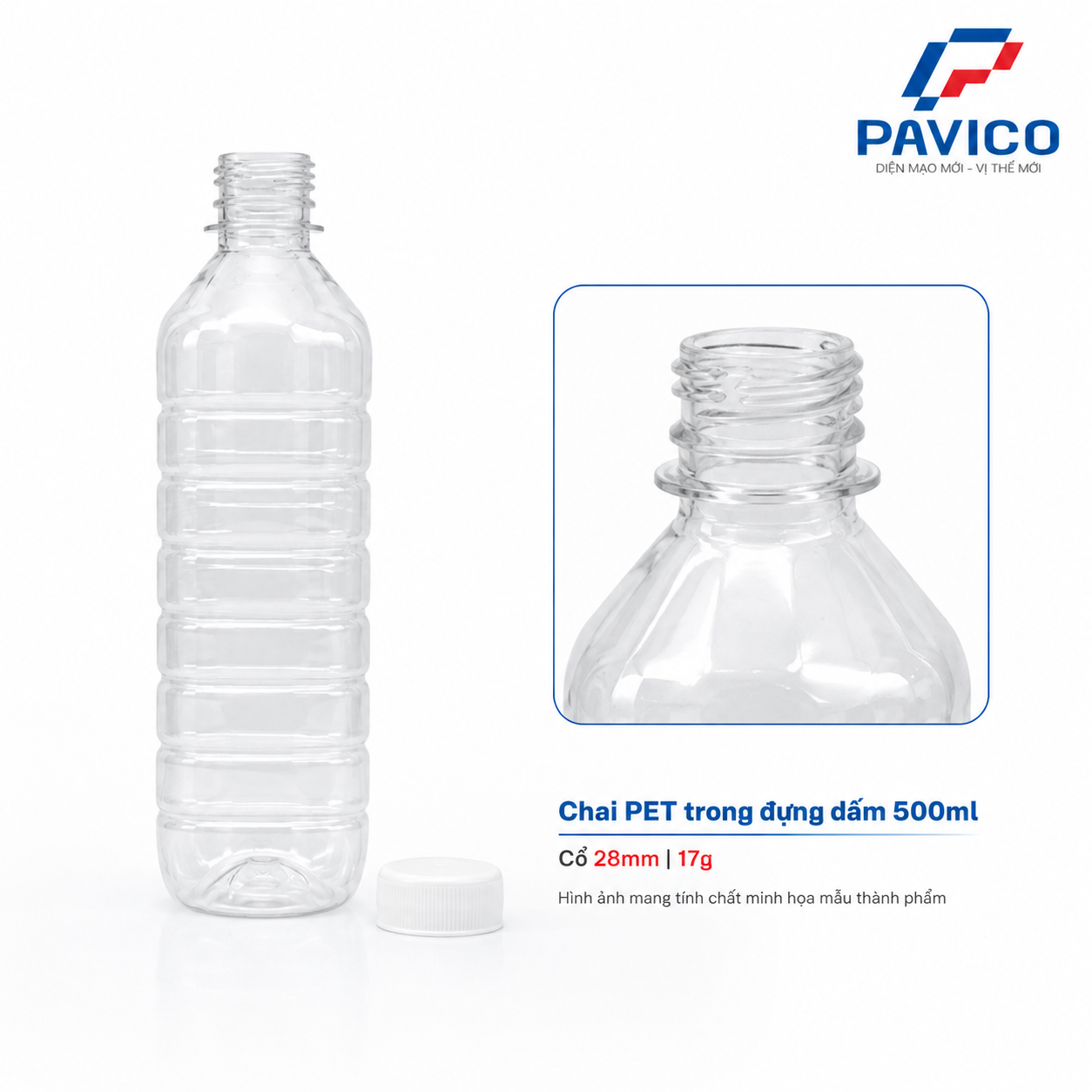 Chi tiết chai PET đựng dấm 500ml cổ 28mm Chi tiết chai PET đựng dấm 500ml cổ ren 28mm trọng lượng 17g