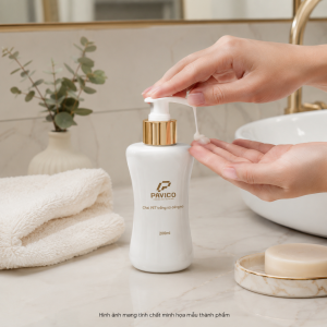 Chai sữa tắm trắng sứ đặt trong không gian phòng tắm hiện đại