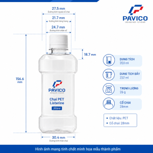 Bảng kích thước chai listerin 200ml cổ 28mm